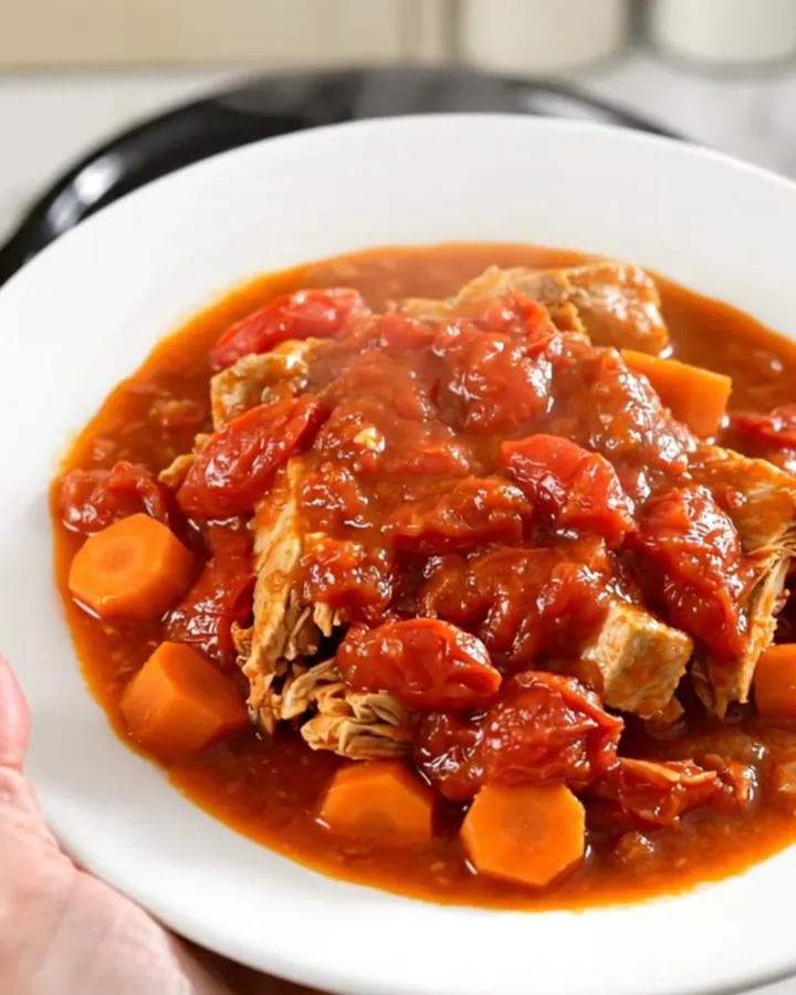 Dinde Marengo nappée de sauce tomate brillante servie dans une assiette blanche.