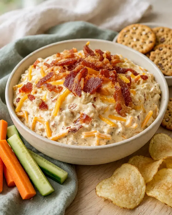 Un dip crémeux au cheddar et bacon dans un bol, avec une chips plongée dedans.
