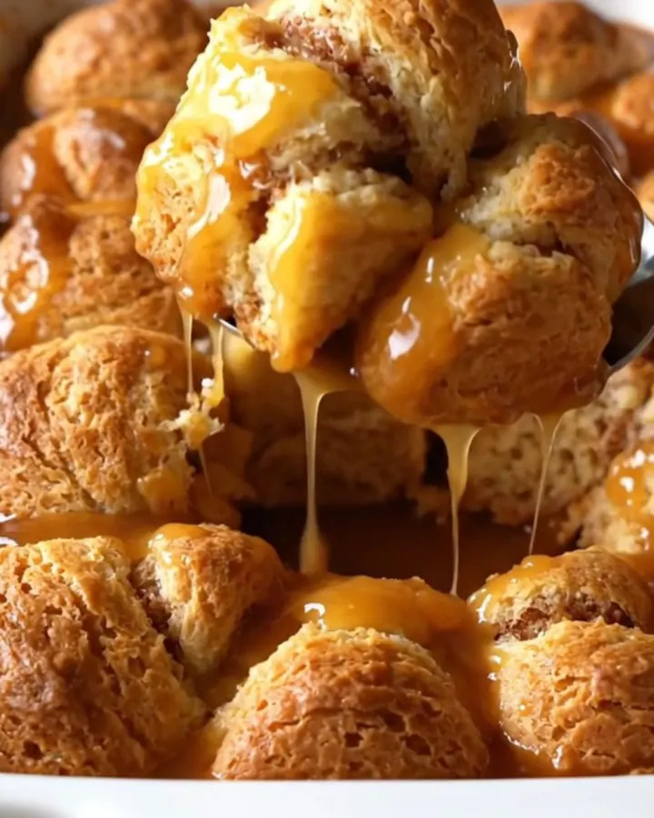 A top-down view of raw biscuit dough pieces in a white dish, being drizzled with amber apple cider caramel sauce.