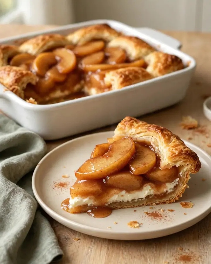 A golden-brown apple danish crescent bake in a white ceramic dish.