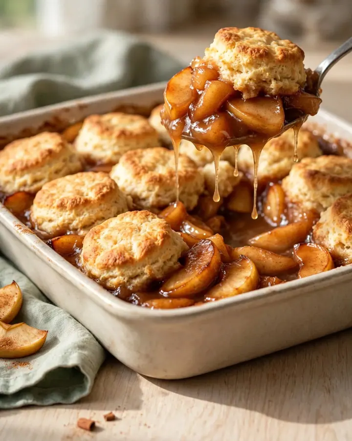 A golden brown apple fritter biscuit bake in a white ceramic dish, with visible apple slices and syrup.