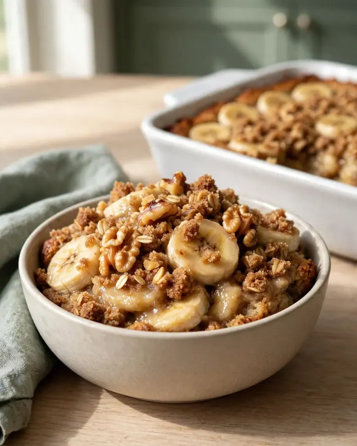 A golden brown banana bread cobbler in a ceramic dish, topped with a crunchy layer of oats and walnuts.