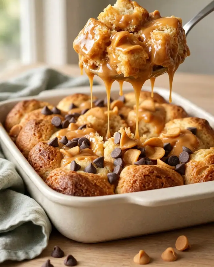 A warm, golden butterscotch monkey bread in a rectangular white ceramic dish, served on a granite countertop.
