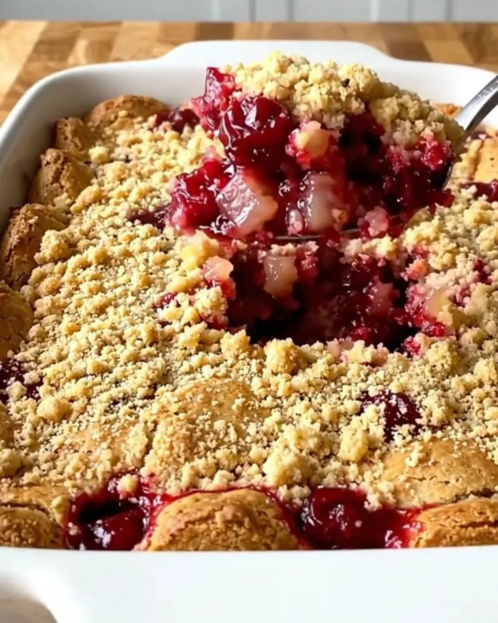 A warm, golden-brown cherry pineapple dump cake in a white ceramic baking dish.
