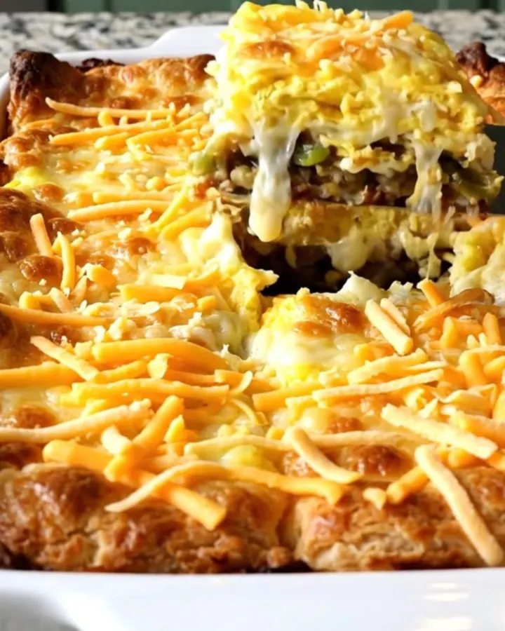 A golden, puffed Chile Relleno Egg Casserole in a white ceramic dish.