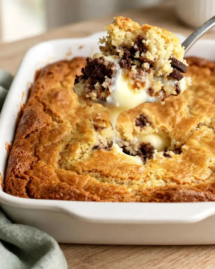 A warm, golden-brown cookies and cream dump cake in a white ceramic baking dish on a wooden countertop.