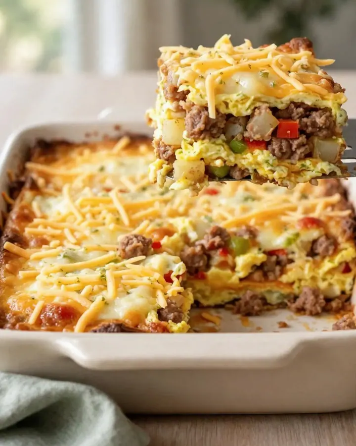 A golden, bubbling Cowboy Breakfast Casserole in a white ceramic dish on a light granite counter.
