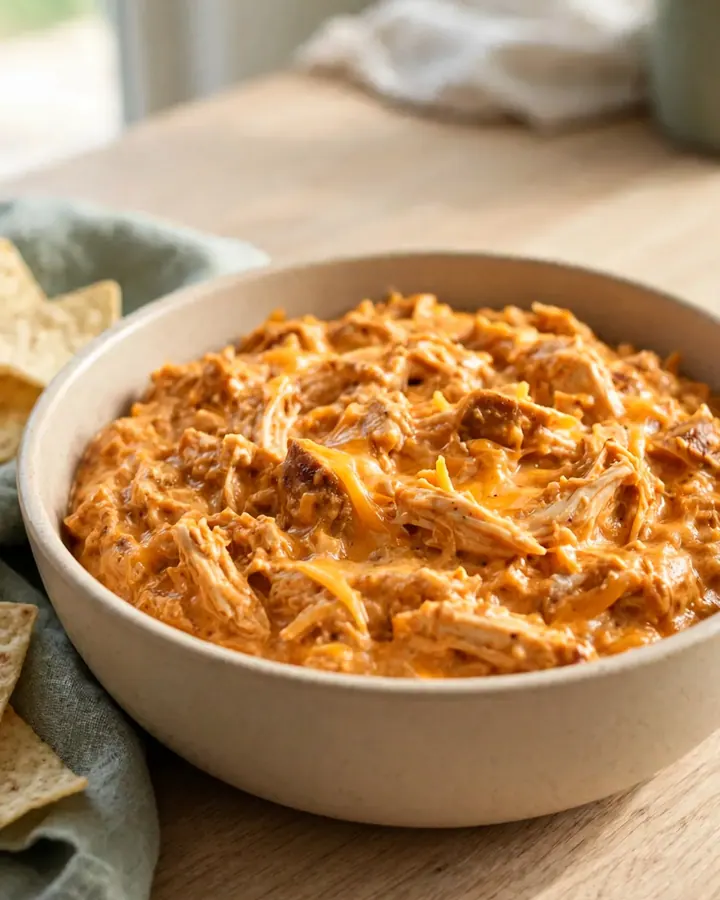 A close-up of creamy barbecue chicken dip in a slow cooker insert, topped with shredded cheddar and barbecue sauce.