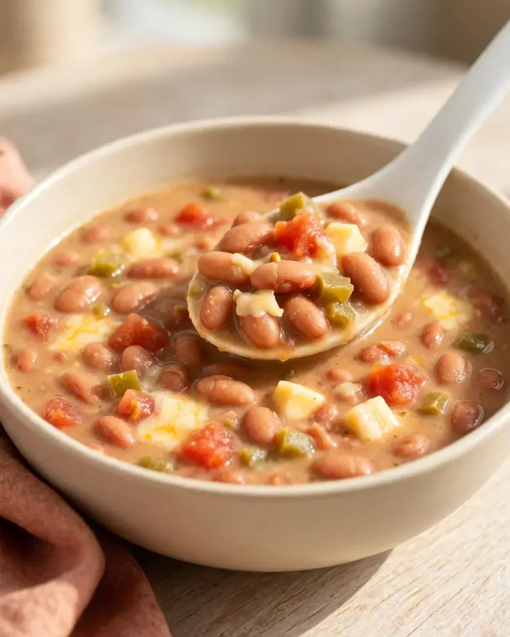 A top-down view of a black slow cooker filled with pinto beans, tomatoes, and cheese cubes.