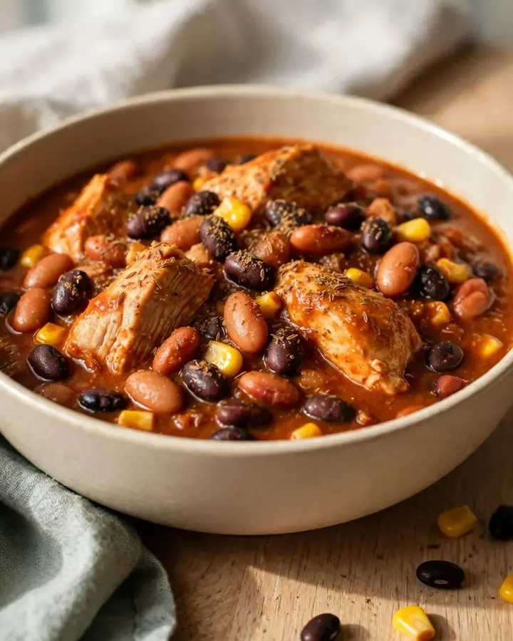 A top-down view of chicken enchilada chili in a black slow cooker insert.