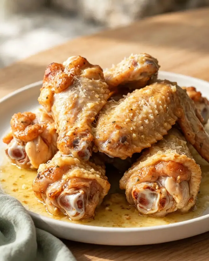 A close-up of garlic parmesan chicken wings served on a white plate, showing the buttery sauce.