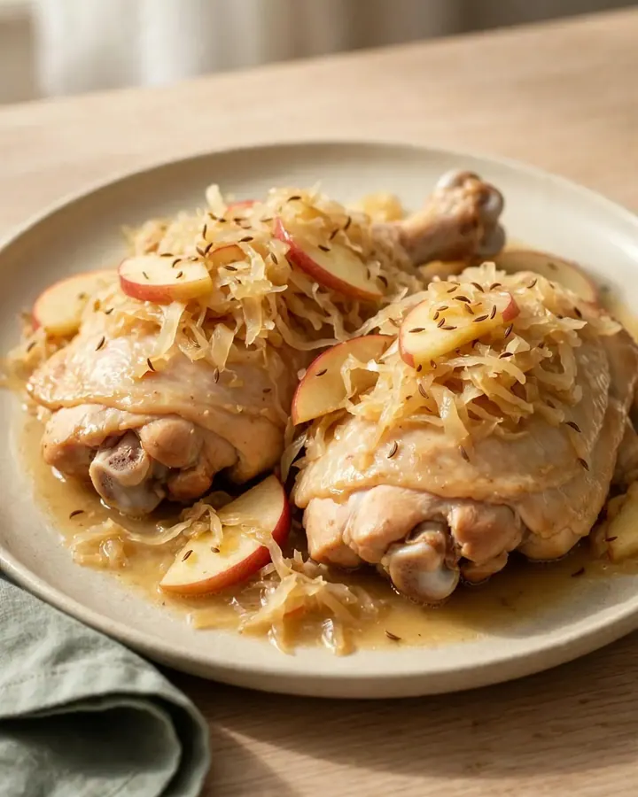 A close-up of bone-in chicken thighs braised with sauerkraut and apple slices on a white plate.