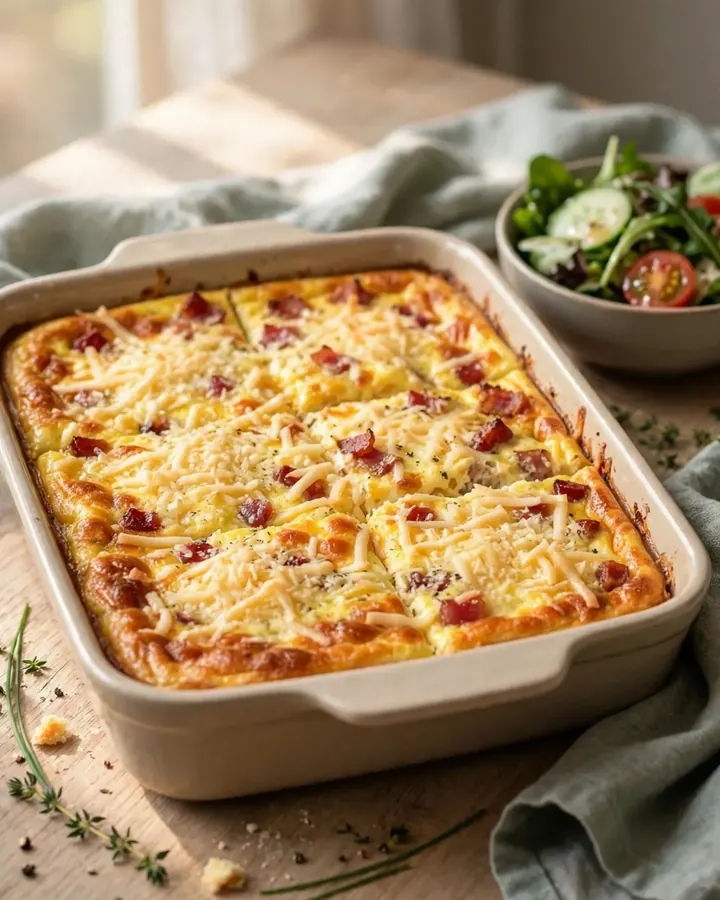 A golden, crustless Quiche Lorraine in a white ceramic baking dish on a quartz counter.
