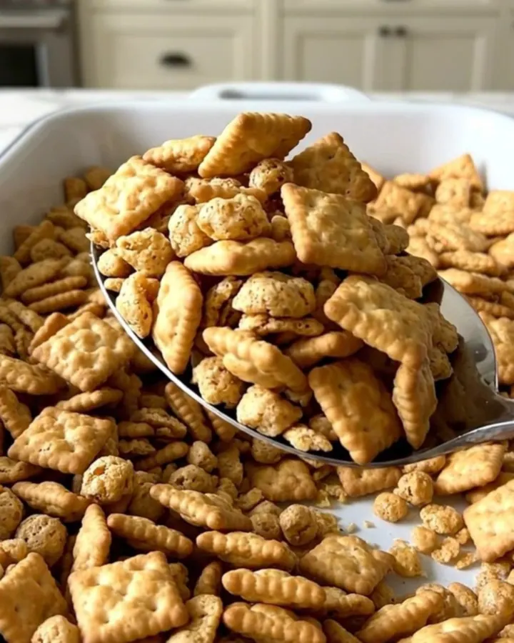 A large rectangular baker filled with a golden, toasted garlic parmesan snack mix on a white countertop.