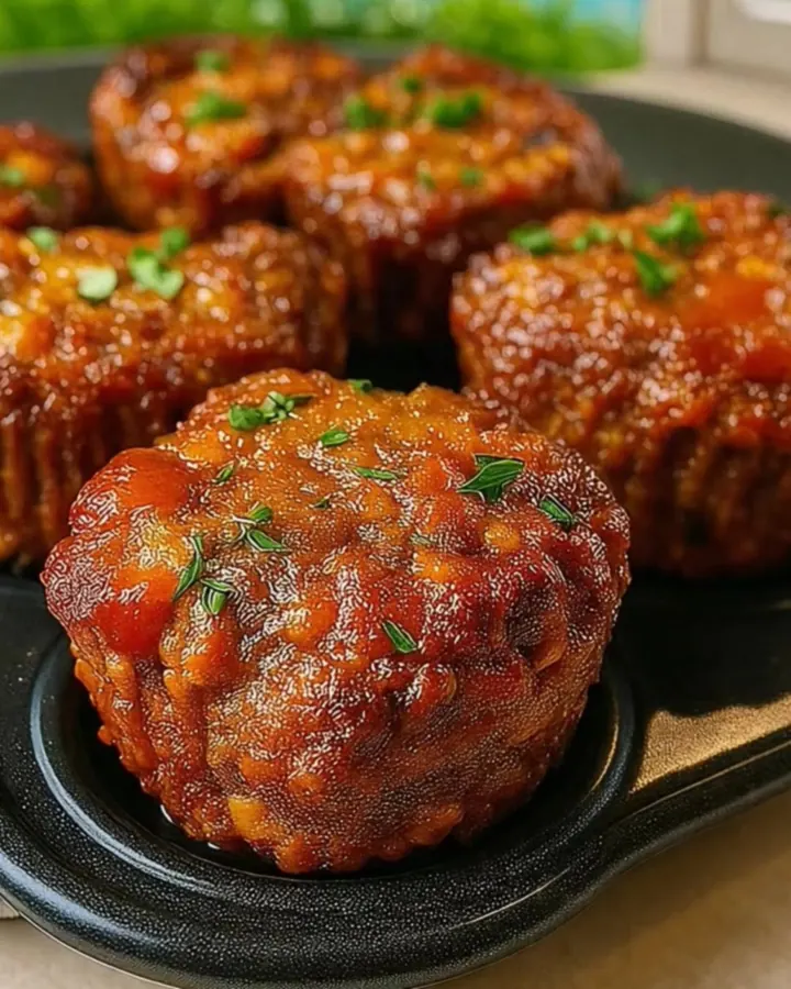 Glazed mini meatloaf muffins sitting warm in a dark muffin tin on a counter top.