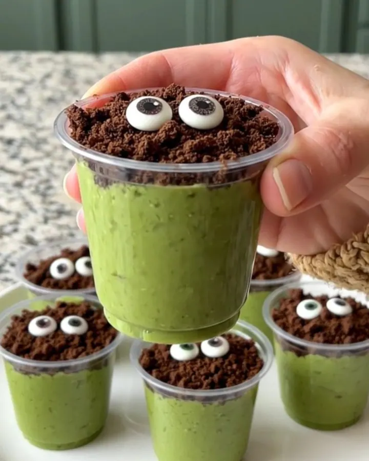 A tray of green pistachio pudding cups topped with cookie crumbs and candy eyes.