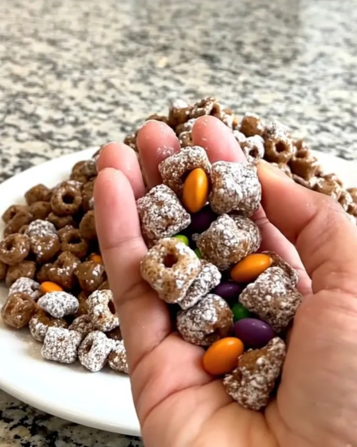 A top-down view of Halloween puppy chow spread on a dark baking sheet