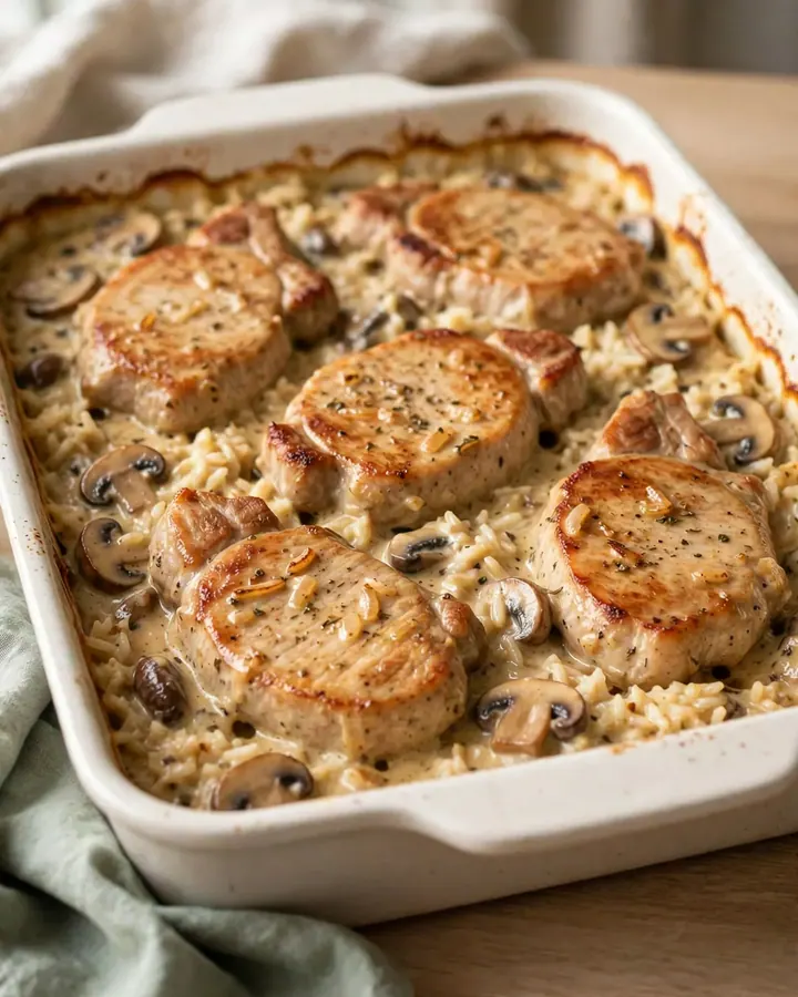 A top-down view of a rectangular baking dish filled with pork chops and rice in a creamy mushroom sauce.