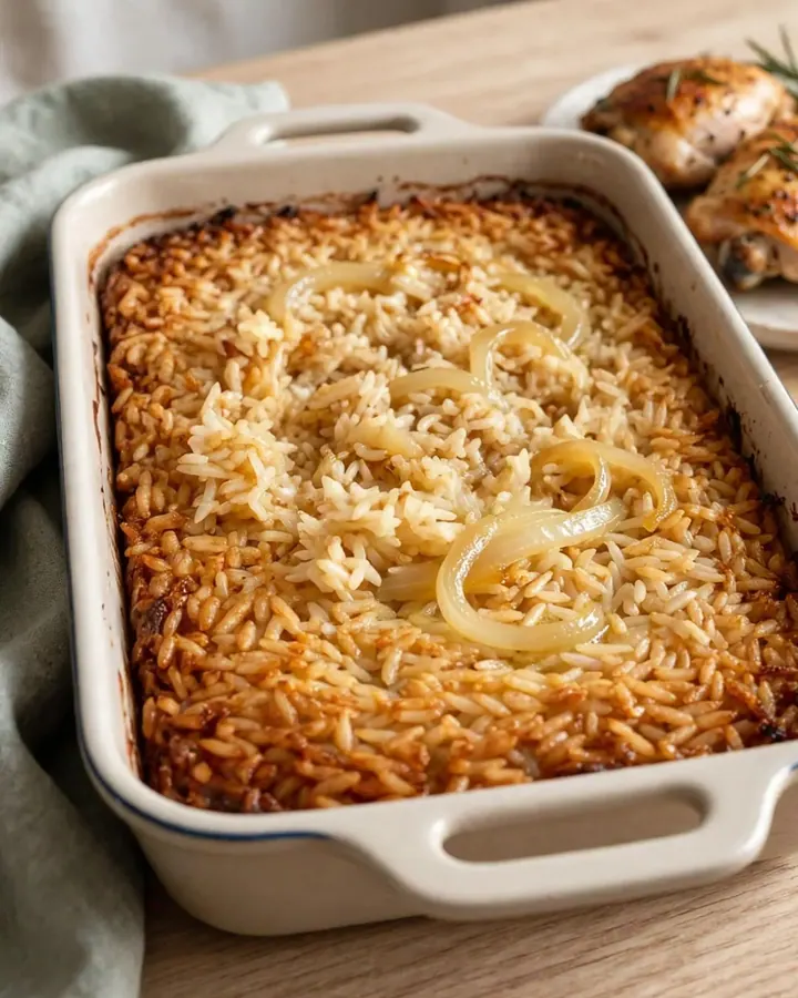 A steaming scoop of golden French onion rice bake lifted from a white rectangular dish.