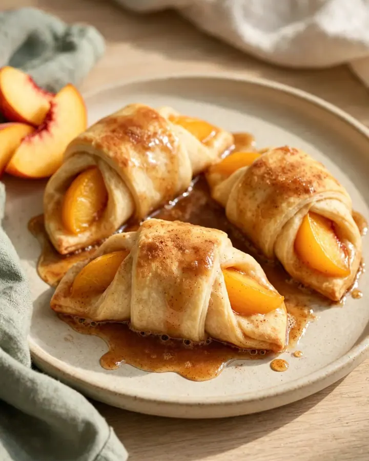 A ceramic baking dish filled with golden-brown peach crescent dumplings covered in a rich, bubbling cinnamon syrup.