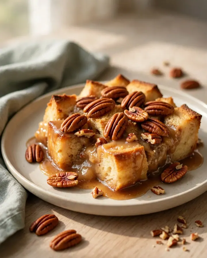 A large white ceramic baking dish filled with golden, toasted pecan pie bread pudding on a quartz counter.