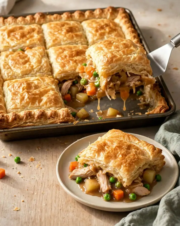 A golden, crispy sheet pan turkey pot pie with visible chunks of turkey and vegetables.