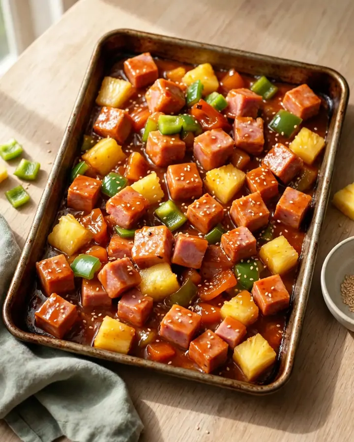 A sheet pan filled with golden-brown ham cubes, bright yellow pineapple, and green pepper chunks with a glossy glaze.