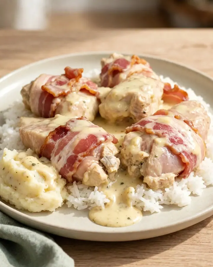 Bacon-wrapped chicken breasts resting in a creamy white sauce inside a matte black slow cooker.