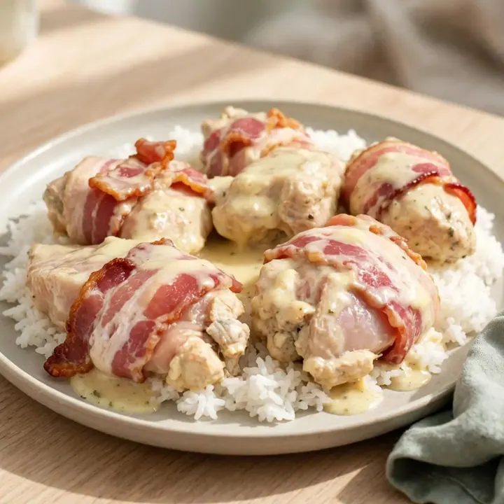 Easy Slow Cooker Bacon-Wrapped Chicken with Creamy Sauce