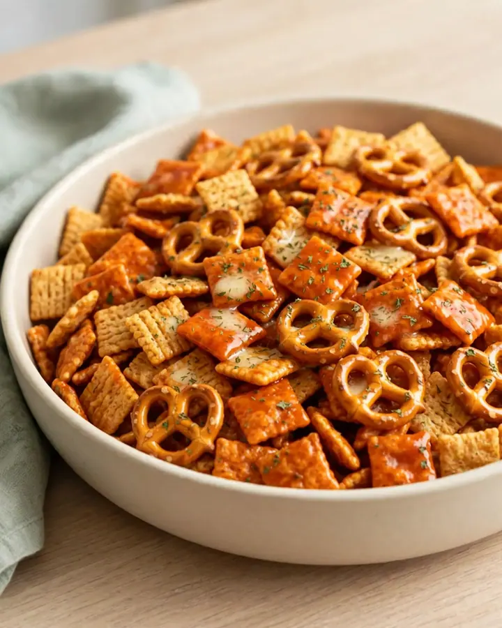 A large bowl filled with a crunchy mix of cereal, pretzels, and cheese crackers coated in a zesty buffalo sauce.