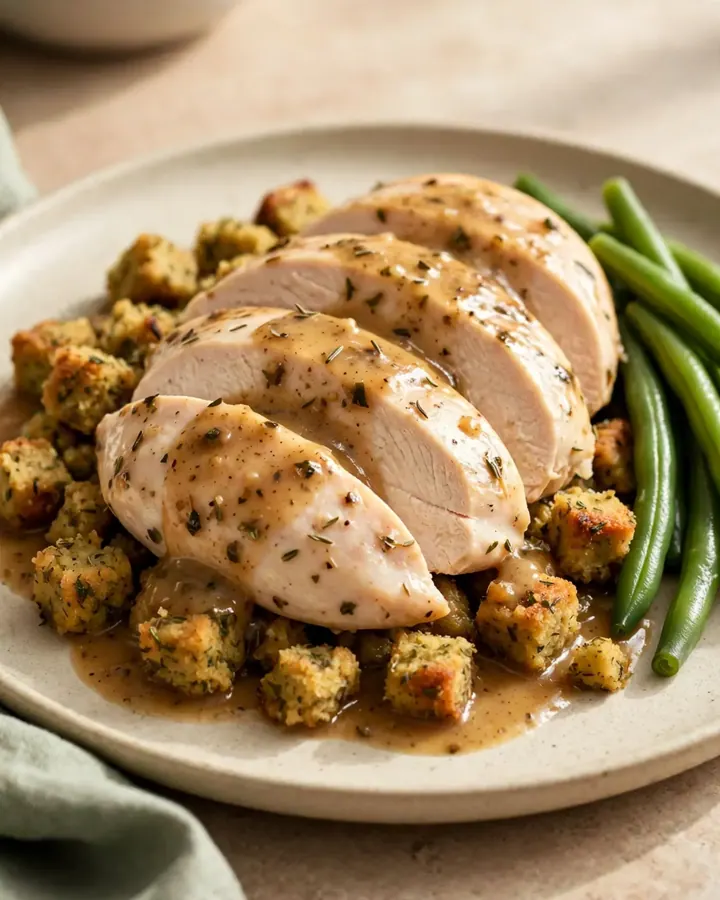 A white oval slow cooker filled with cooked chicken breasts, green beans, and herb stuffing in gravy.
