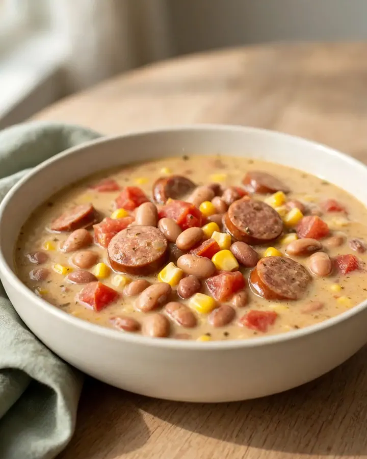 A close-up of a white bowl filled with creamy cowgirl soup featuring smoked sausage coins, corn, and beans.