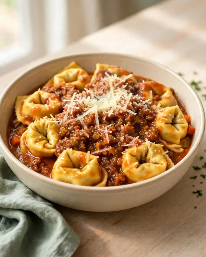 A close-up of a bowl of slow cooker tortellini bolognese topped with parmesan cheese.