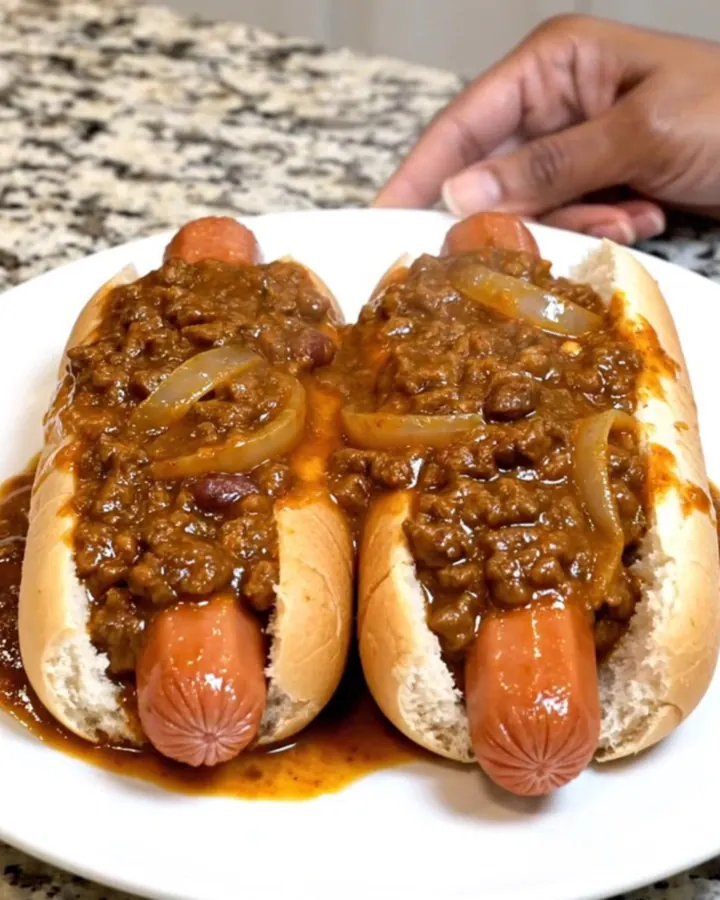 A slow cooker filled with plump hot dogs covered in a thick, hearty chili sauce on a granite countertop.