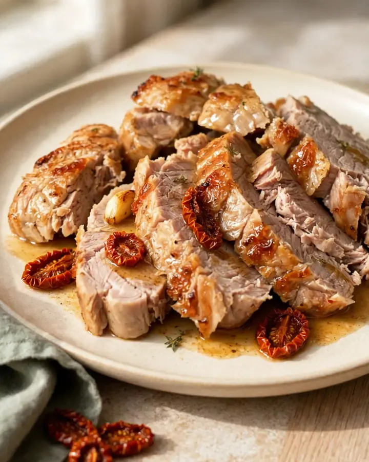 A plate of sliced, tender pork tenderloin drizzled with savory pan juices and sun-dried tomatoes.