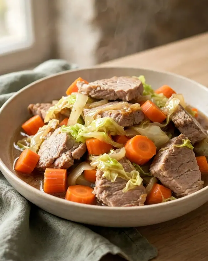 Échine de porc fondante avec des carottes et du chou dans une mijoteuse noire.