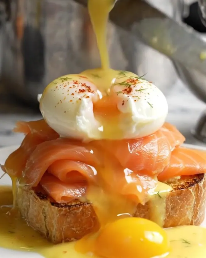 A close-up of a perfectly poached egg on smoked salmon and toasted brioche, topped with velvety hollandaise.