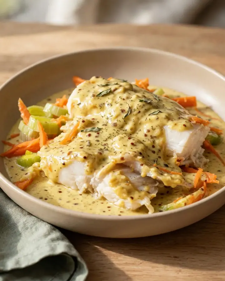Filets d’églefin nappés d’une sauce crémeuse à la moutarde et aux légumes dans une mijoteuse.