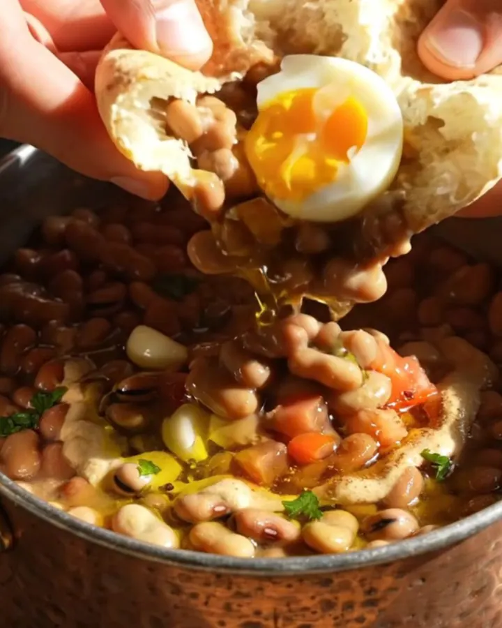 A close-up of Egyptian Ful Medames topped with halved jammy eggs, drizzled with olive oil and tahini in a rustic bowl.