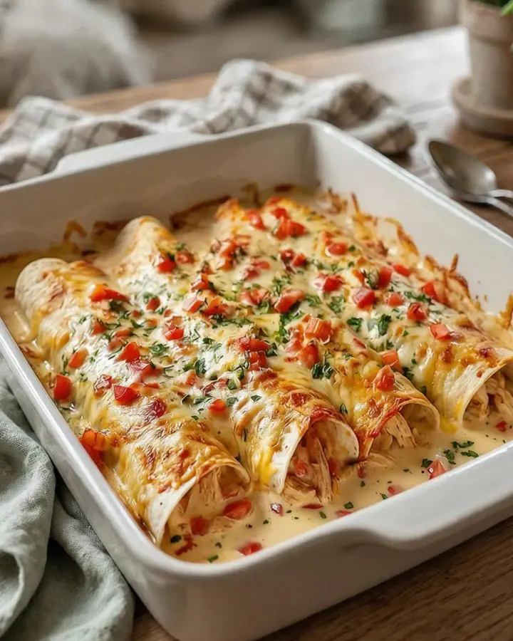 Plat d’enchiladas au poulet nappées de sauce queso fondante et gratinées avec des tomates en dés.