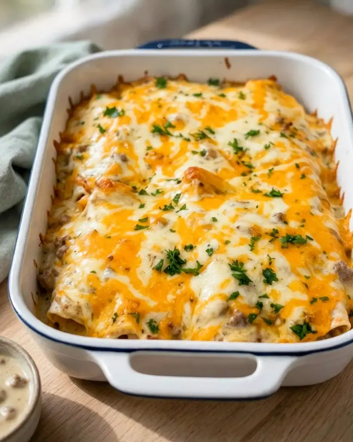 Vue rapprochée d’une enchilada de petit-déjeuner servie avec une sauce onctueuse et du fromage fondant.