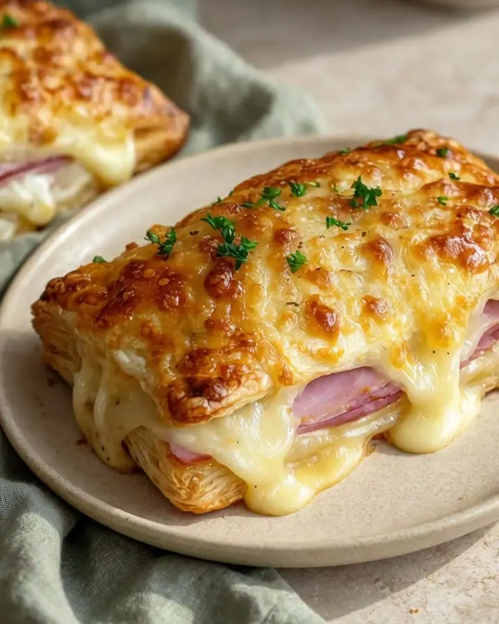Feuilletés dorés au jambon et fromage avec le fromage fondant qui s’étire à l’ouverture