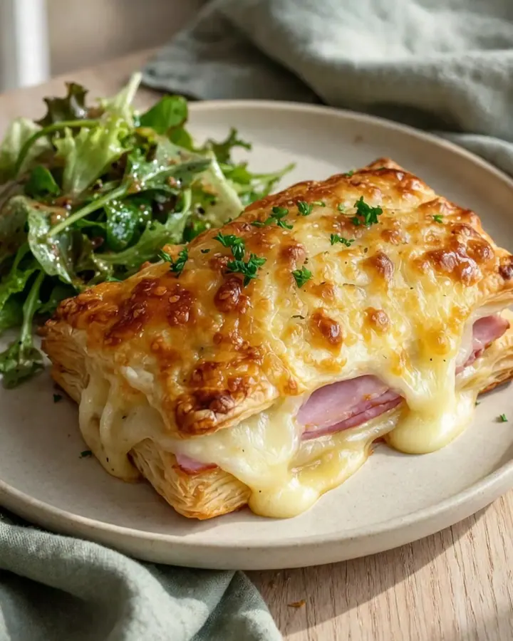 Feuilletés dorés et croustillants garnis de jambon et de gruyère fondant sur une plaque.
