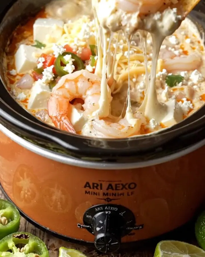 A warm ceramic crockpot filled with melted white queso, succulent shrimp, and fire-roasted chiles.