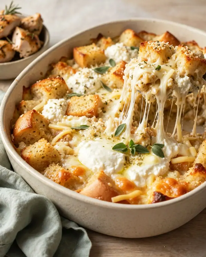 A close-up of a slow cooker filled with a bubbly, golden-brown four-cheese garlic bread stuffing casserole.
