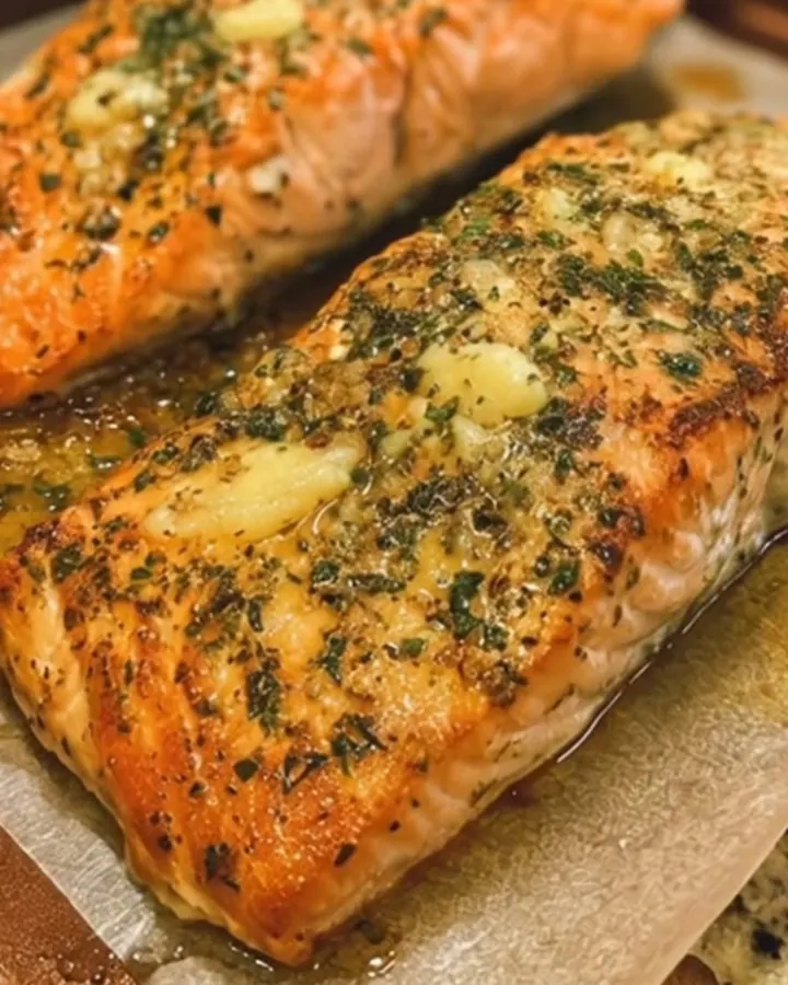 A perfectly baked salmon fillet with a golden, glistening garlic herb butter crust on a white plate.