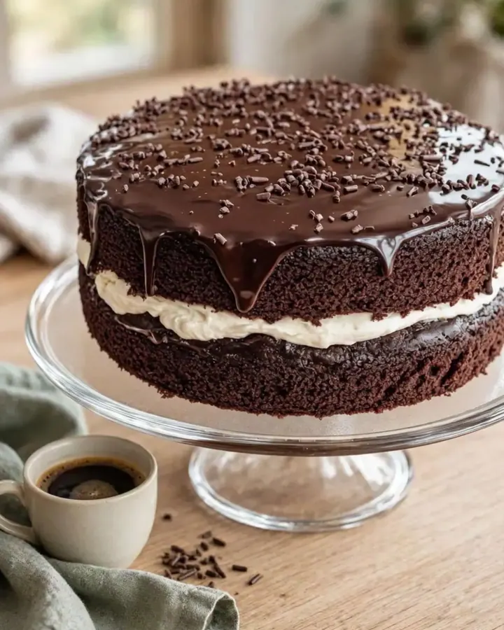 Gâteau au chocolat à deux étages nappé d’une ganache brillante et décoré de vermicelles sur un présentoir en verre.