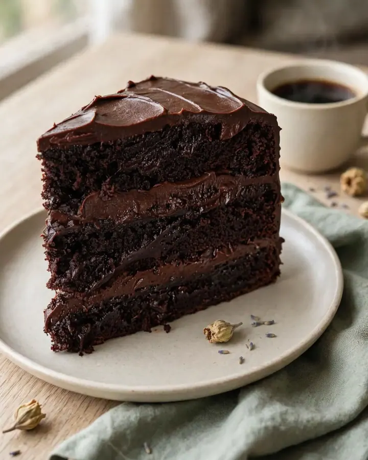 Une part de gâteau au chocolat triple couche sur une assiette blanche