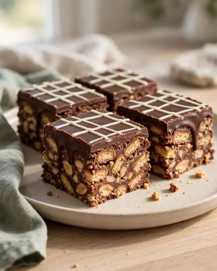 Gâteau au chocolat carré croustillant aux coulures gourmandes sur un plateau argenté.