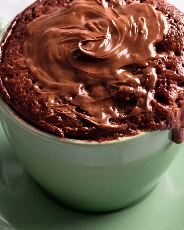 Gâteau au chocolat en mug vert menthe, nappage fondu coulant sur les parois, vapeur s’élevant du cœur moelleux